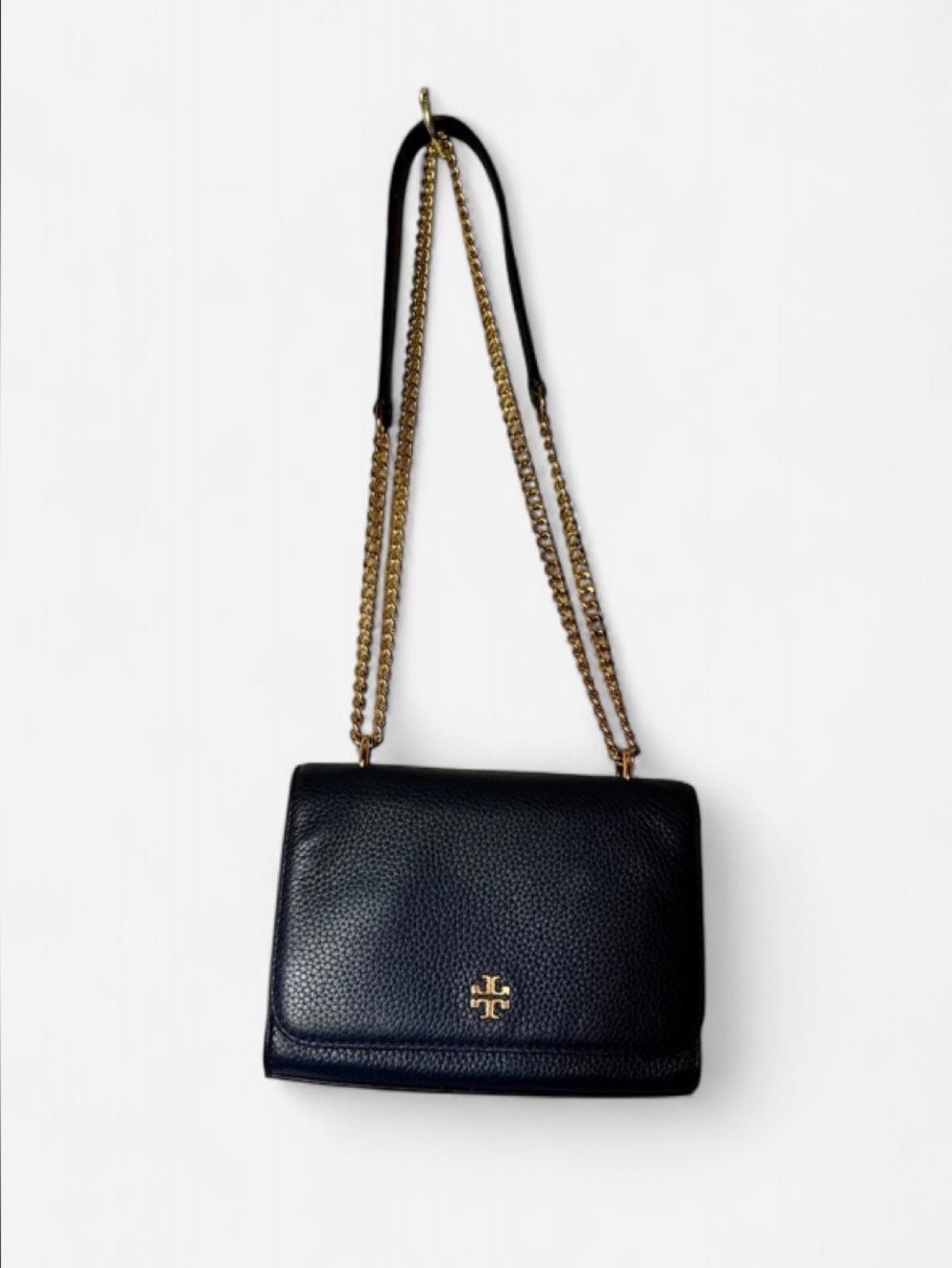 Tory Burch Black Pebbled Leather Shoulder Bag with Gold Chain